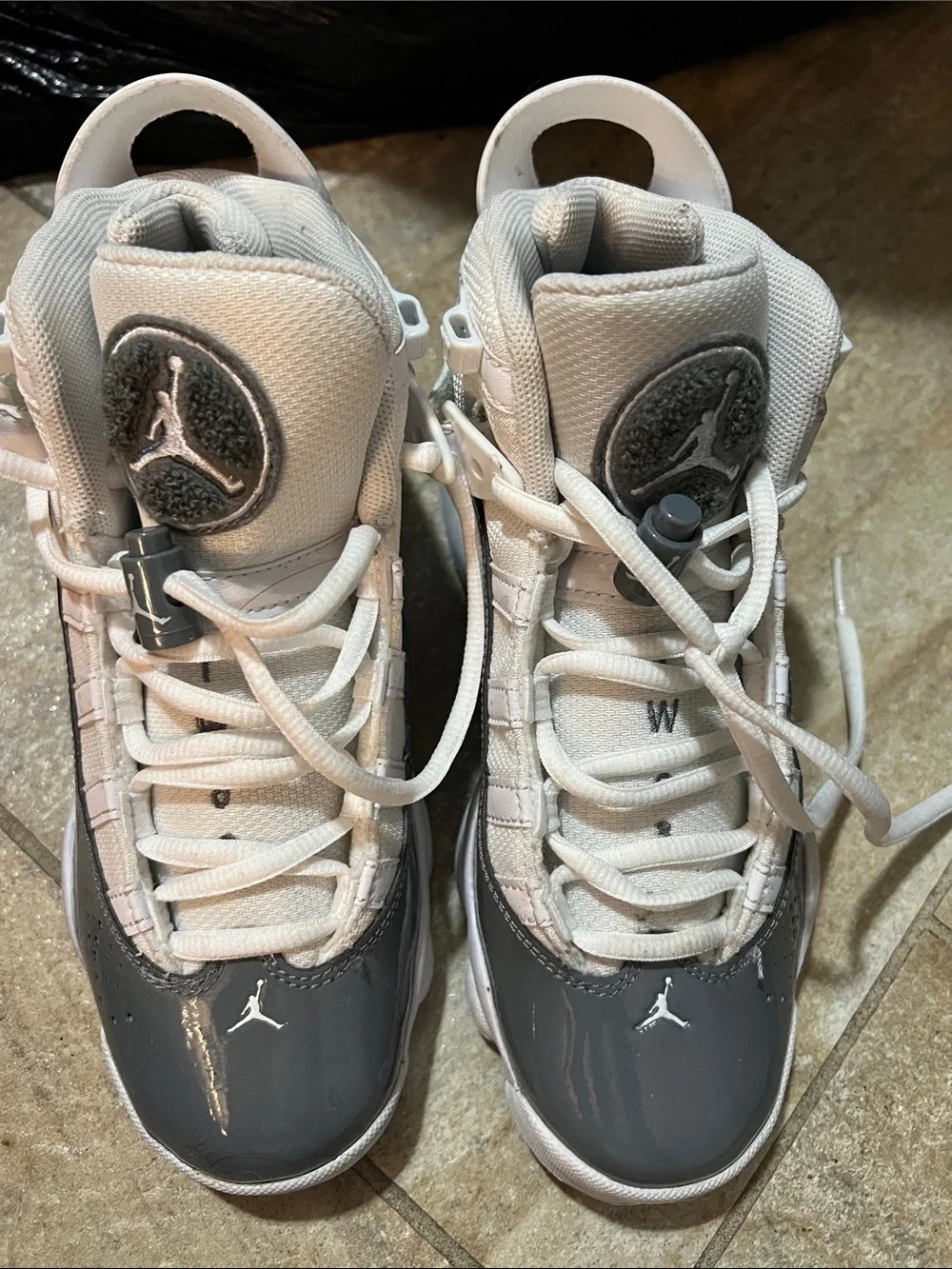 Jordan High-Top Sneakers in White and Gray Patent